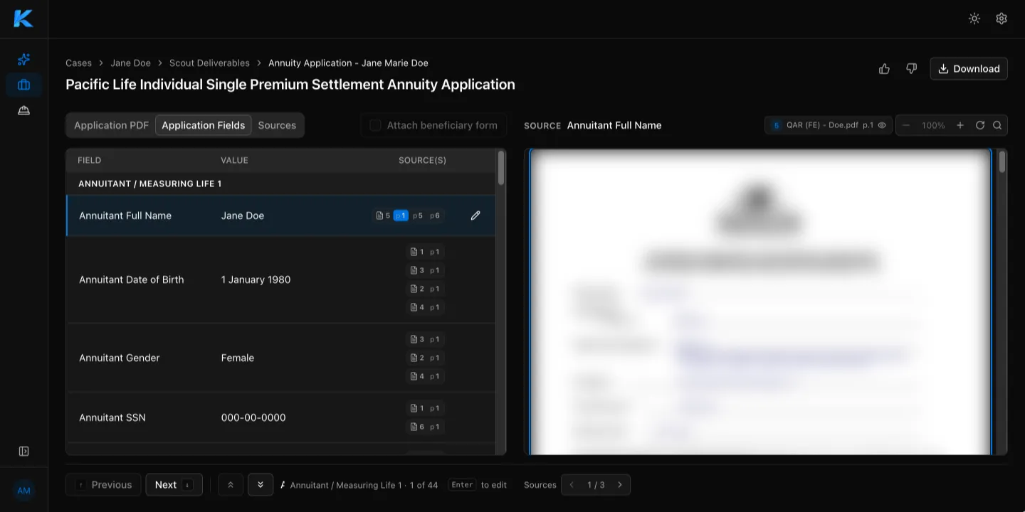 Application Fields tab listing fields, values, and their sources