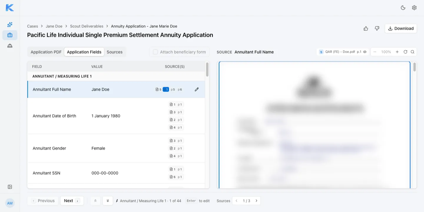Application Fields tab listing fields, values, and their sources