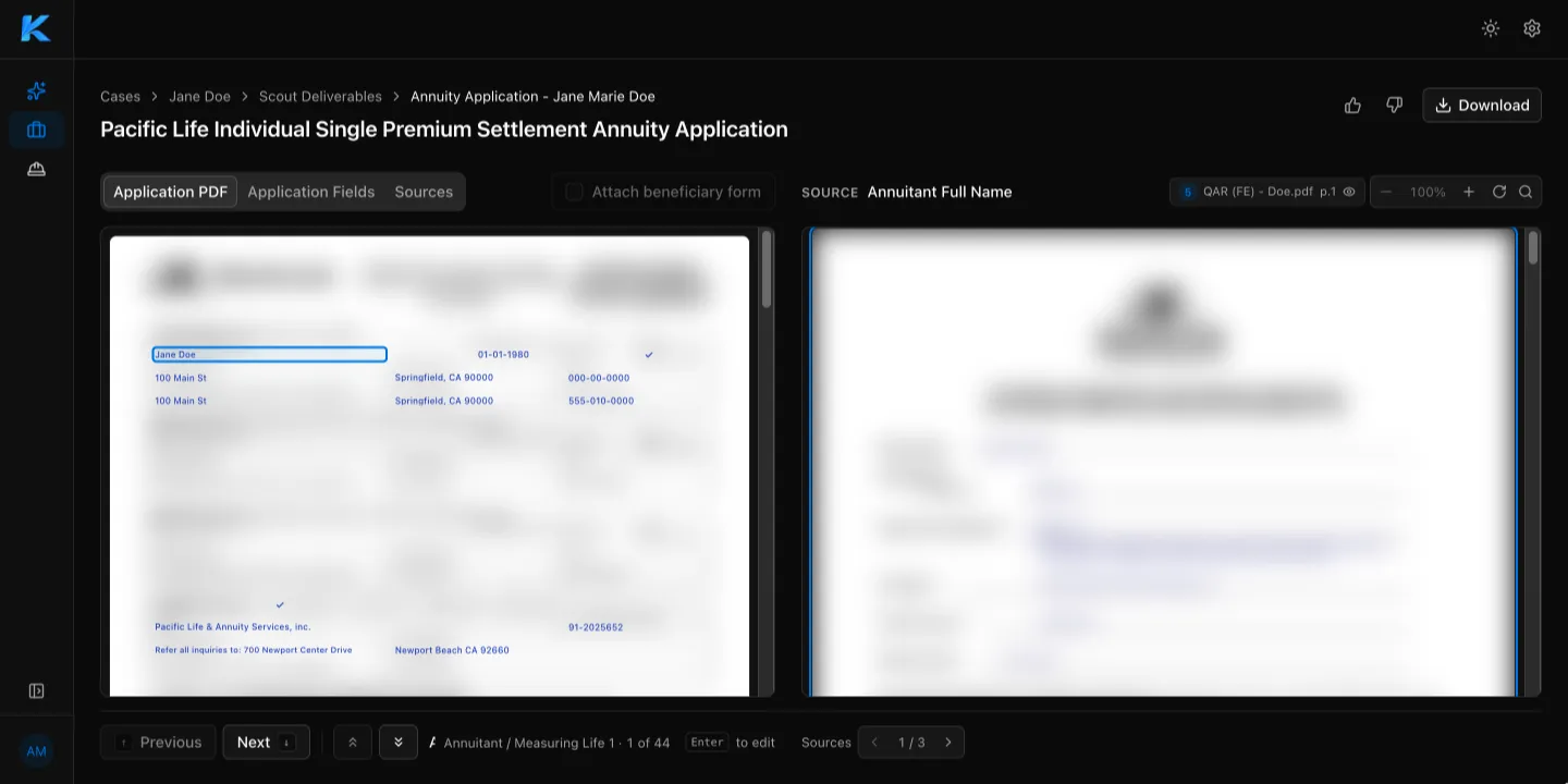 Annuity application with the filled-in form on the left and a source document on the right