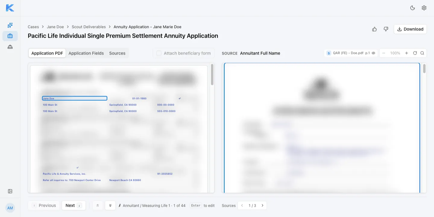 Annuity application with the filled-in form on the left and a source document on the right