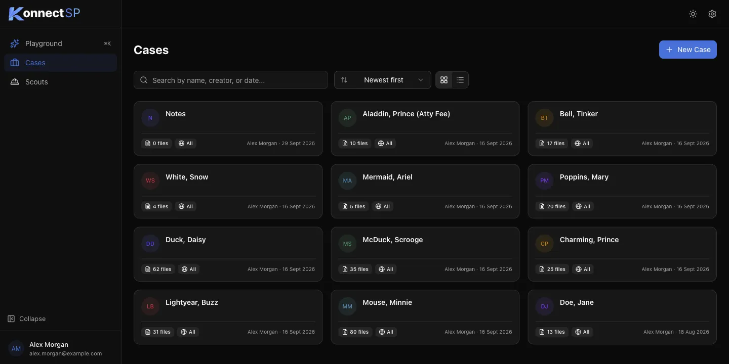Cases page showing case cards in a grid