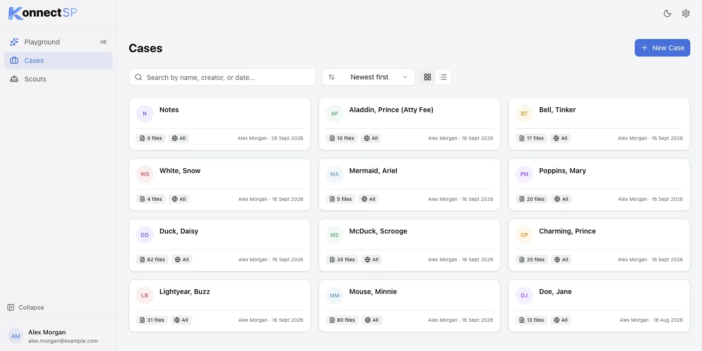 Cases page showing case cards in a grid