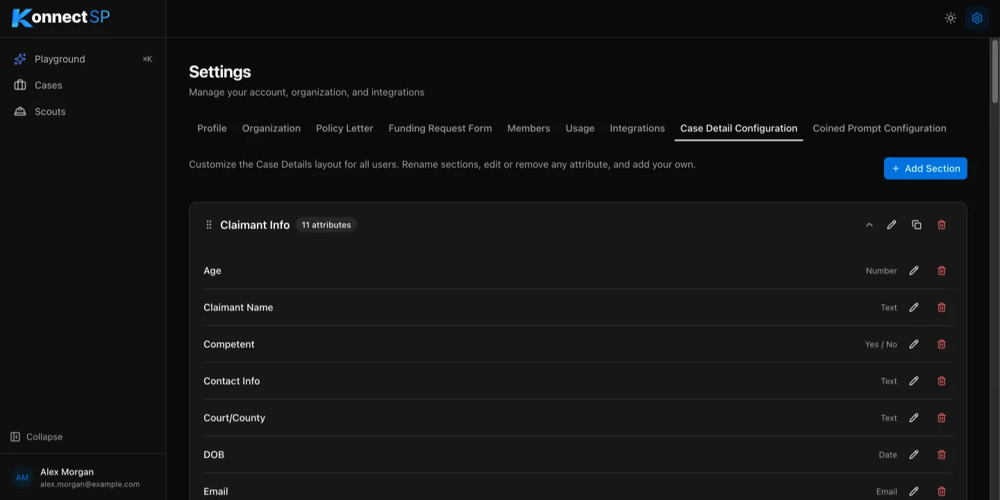 Case Detail Configuration tab with the Claimant Info section and its attributes