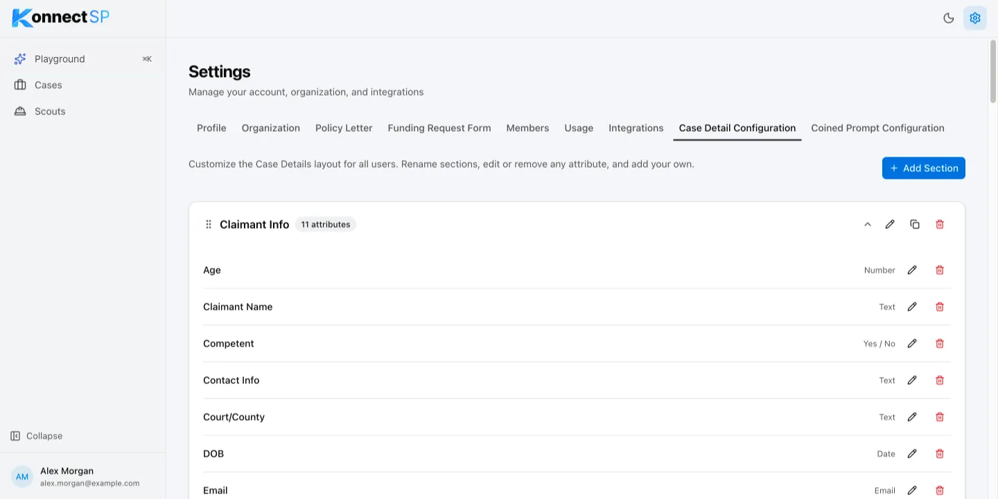 Case Detail Configuration tab with the Claimant Info section and its attributes