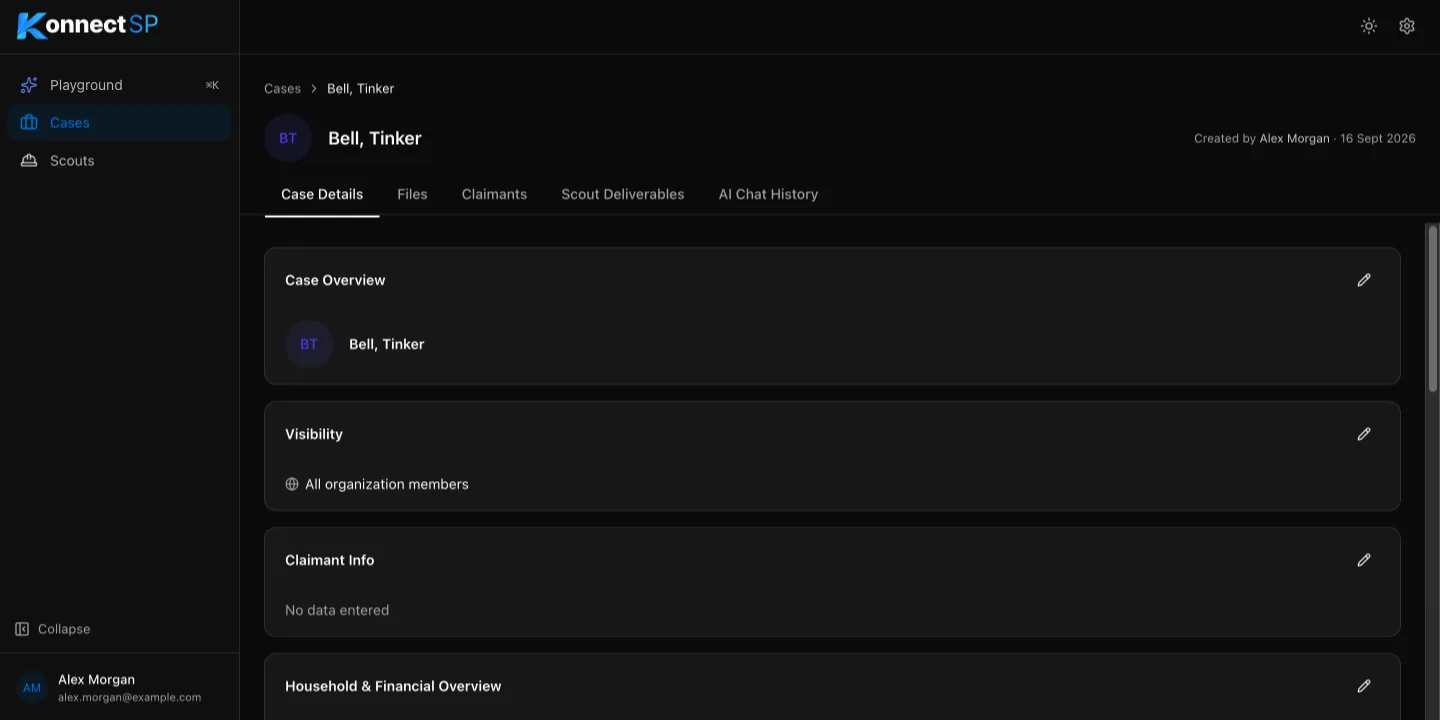 Case Details tab with the Case Overview, Visibility, and Claimant Info sections