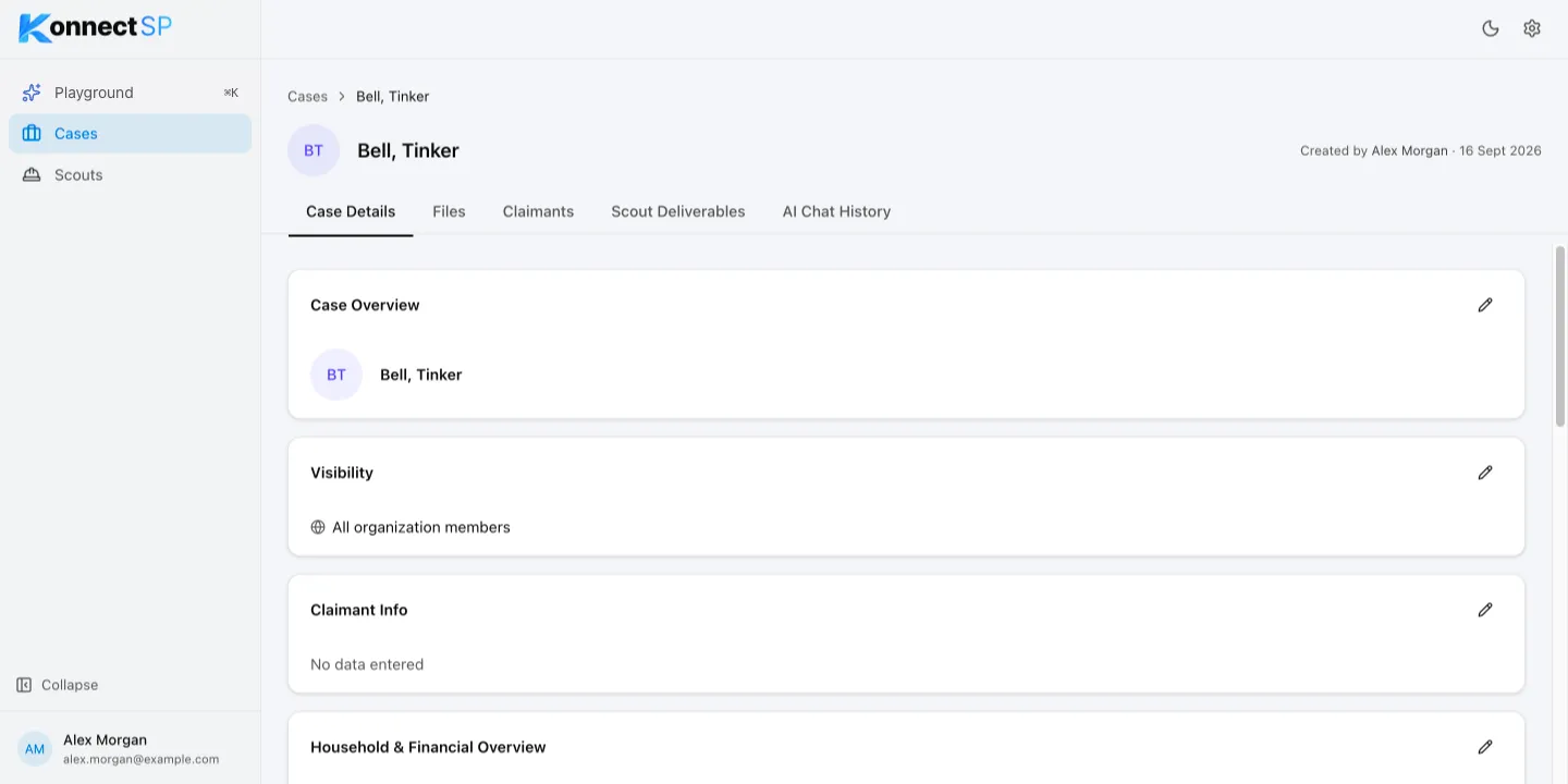 Case Details tab with the Case Overview, Visibility, and Claimant Info sections