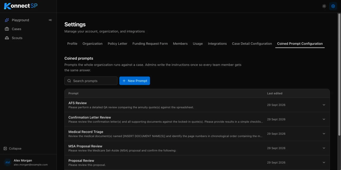 Coined Prompt Configuration tab with a search box, the New Prompt button, and the list of prompts