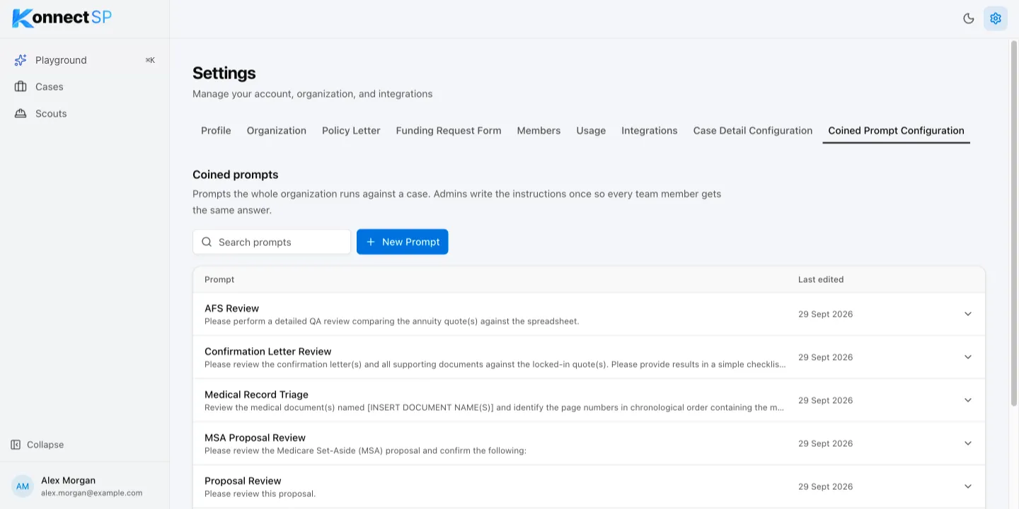 Coined Prompt Configuration tab with a search box, the New Prompt button, and the list of prompts