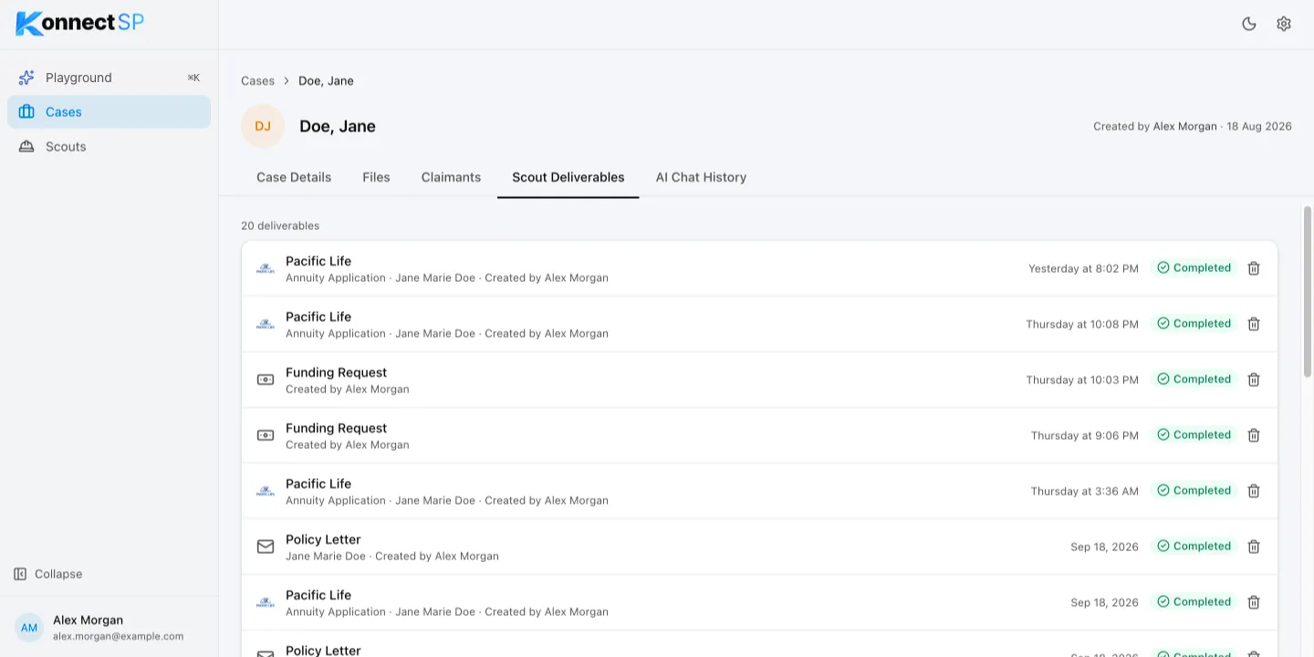 Scout Deliverables tab listing annuity applications, policy letters, and funding requests