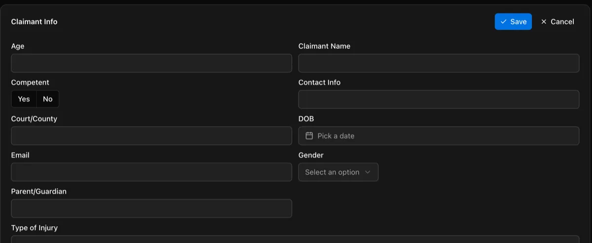 Claimant Info section in edit mode with Save and Cancel buttons
