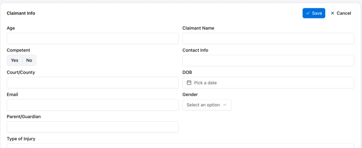 Claimant Info section in edit mode with Save and Cancel buttons