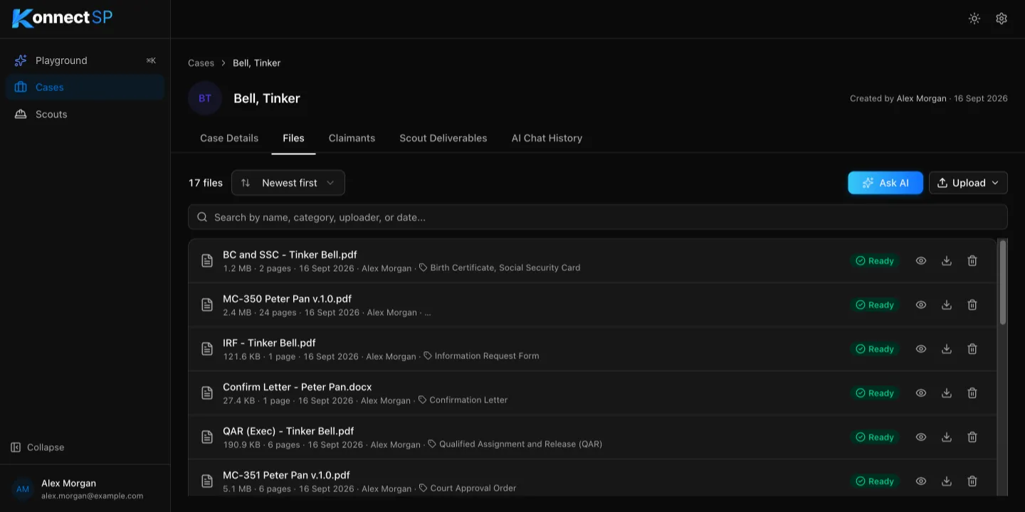 Files tab with a list of uploaded documents, their types, and their status