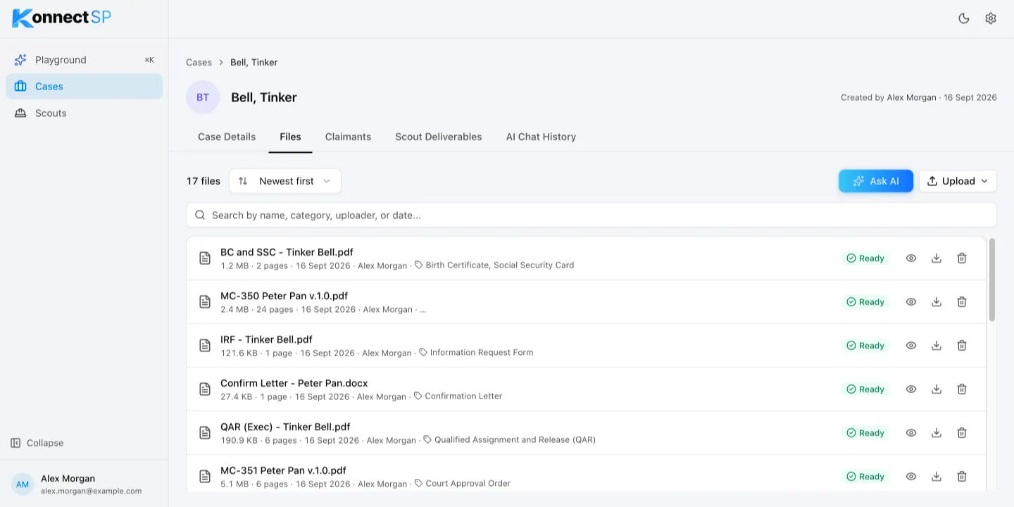 Files tab with a list of uploaded documents, their types, and their status