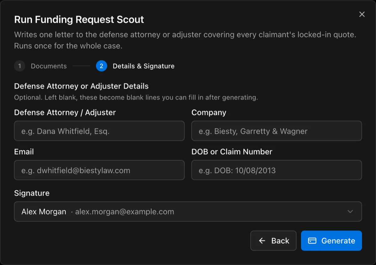 Details & Signature step with defense attorney fields and a signature list