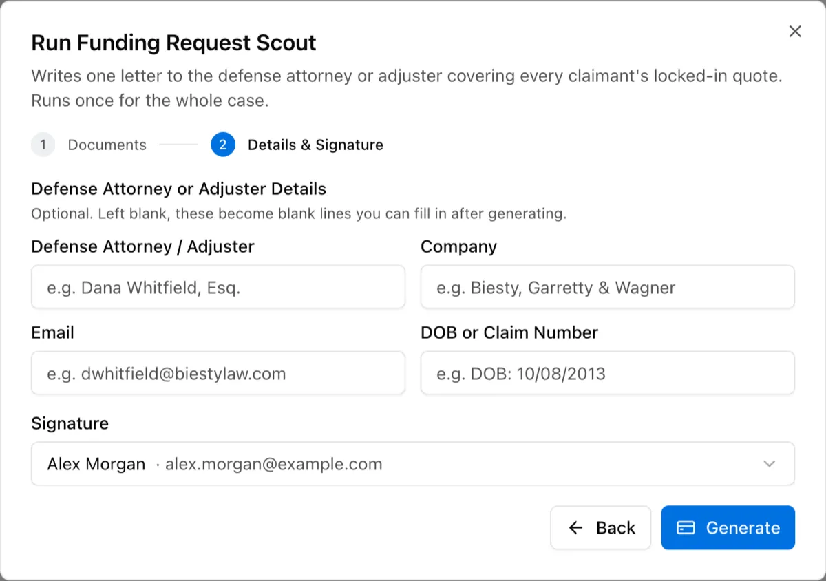 Details & Signature step with defense attorney fields and a signature list