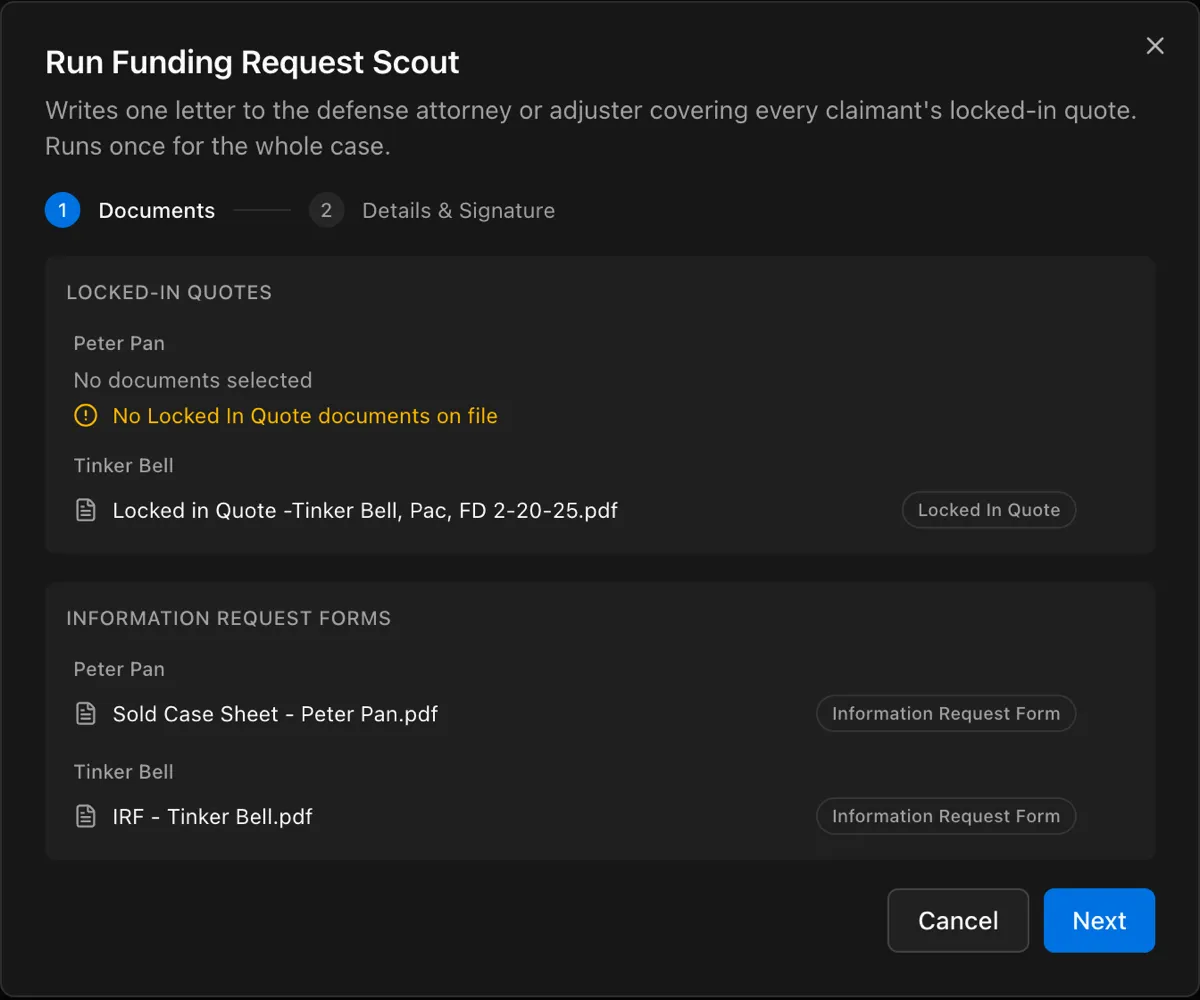 Run Funding Request Scout dialog showing locked-in quotes and information request forms