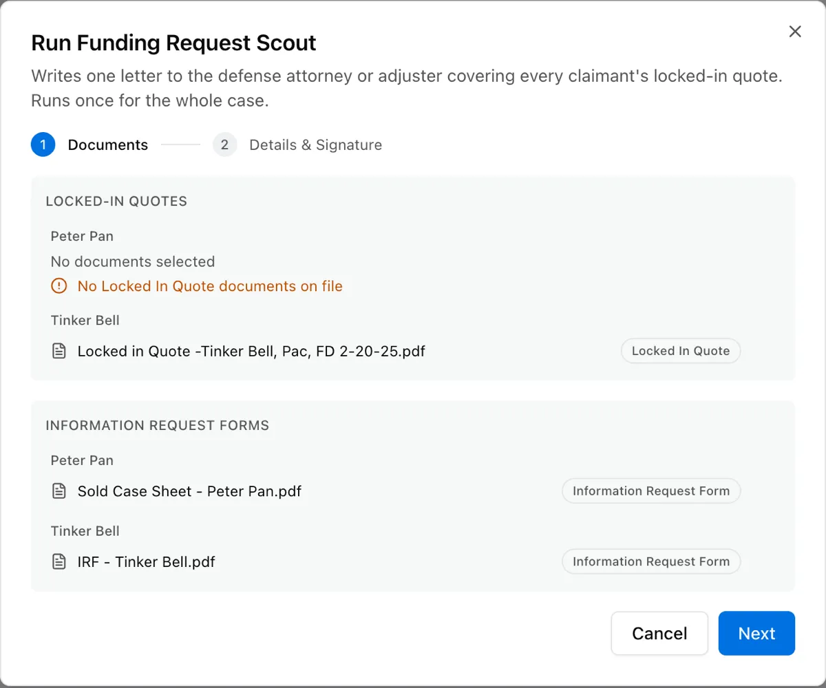 Run Funding Request Scout dialog showing locked-in quotes and information request forms