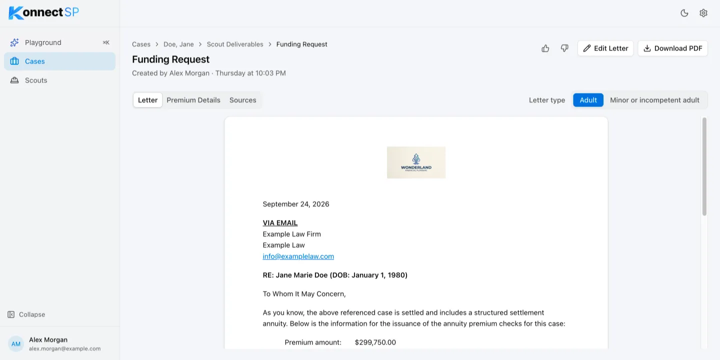 Funding request letter with the Letter, Premium Details, and Sources tabs