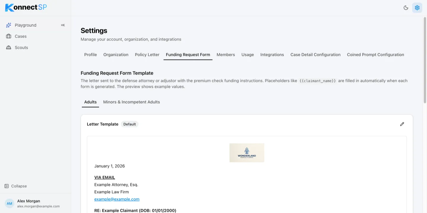 Funding Request Form tab with the Adults and Minors & Incompetent Adults templates