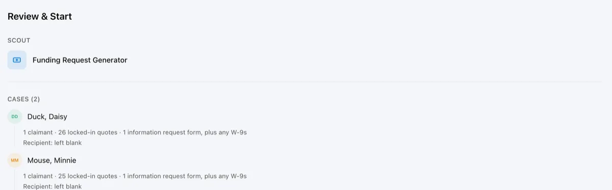 Review & Start step listing two cases with their claimants, locked-in quotes, and recipients