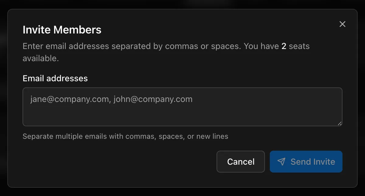Invite Members dialog with the Email addresses field