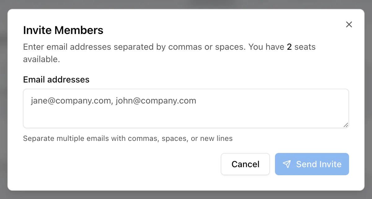 Invite Members dialog with the Email addresses field
