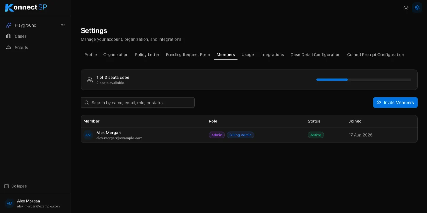 Members tab with seat usage and the member list