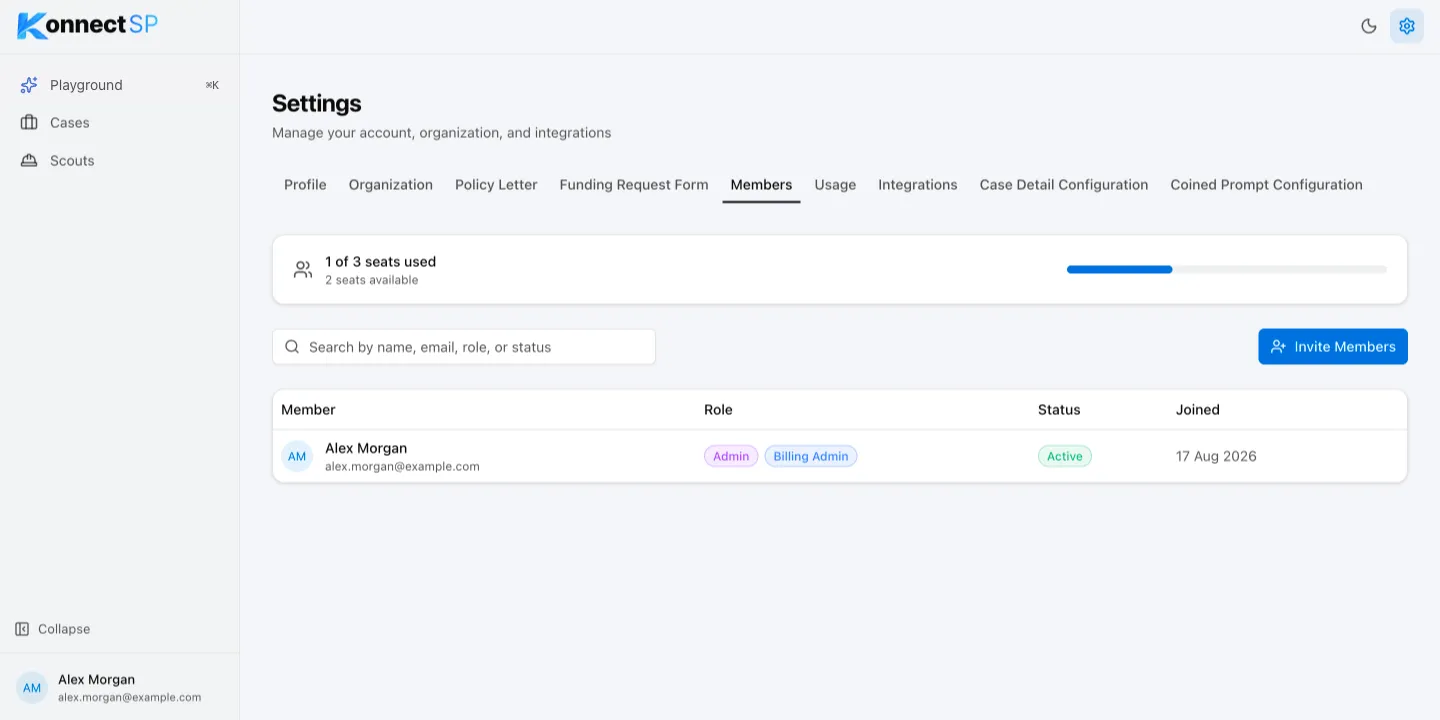 Members tab with seat usage and the member list