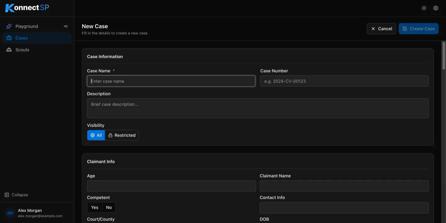 New Case form with Case Name, Case Number, Description, and Visibility fields