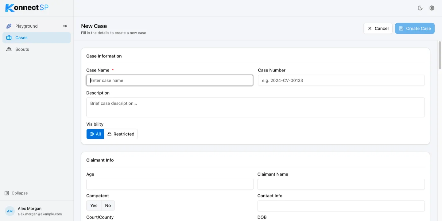 New Case form with Case Name, Case Number, Description, and Visibility fields
