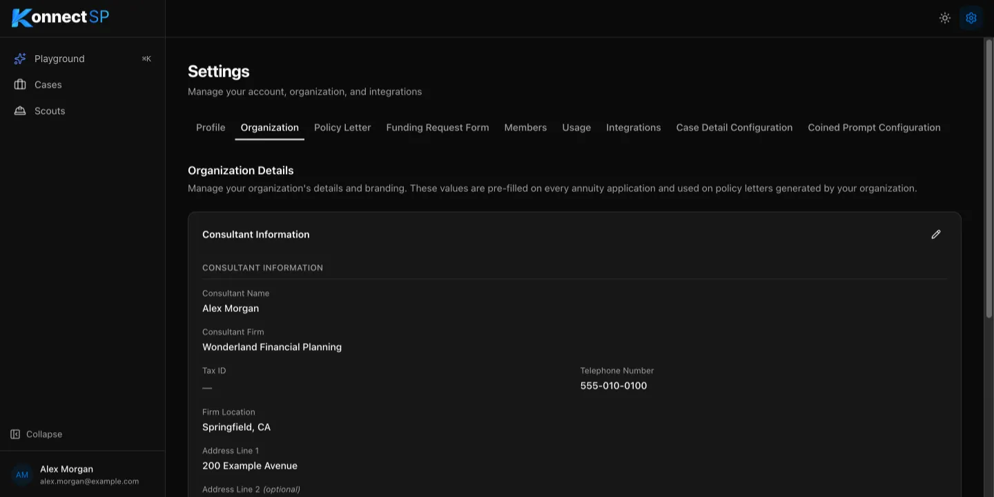 Organization tab with Consultant Information