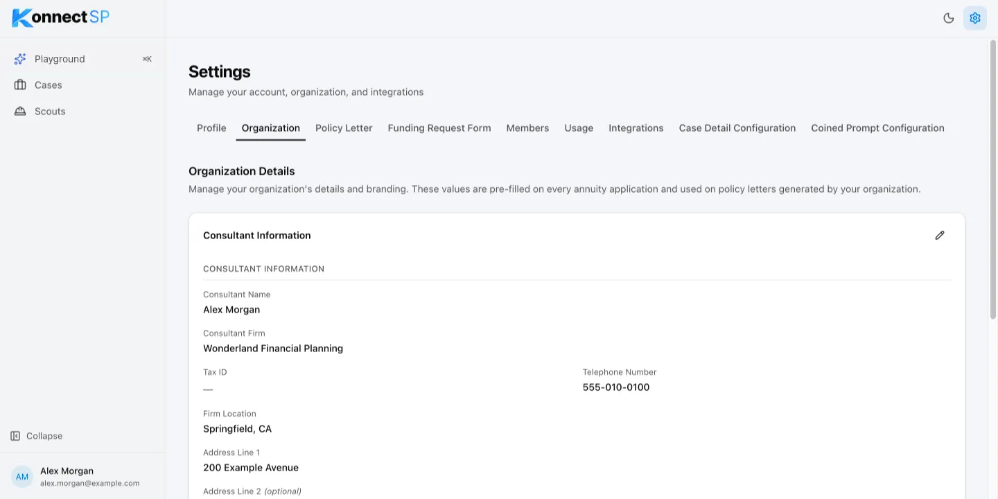 Organization tab with Consultant Information