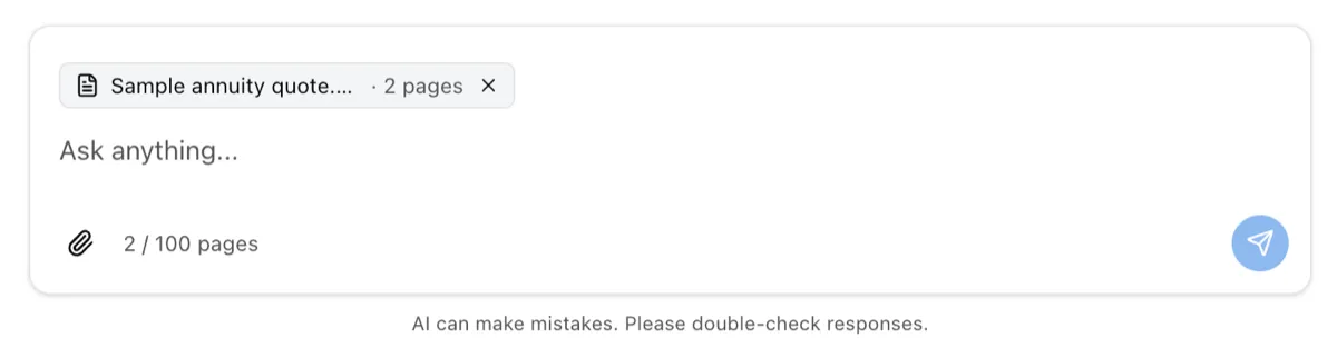 Message box with an attached two-page PDF and a page count of 2 / 100 pages