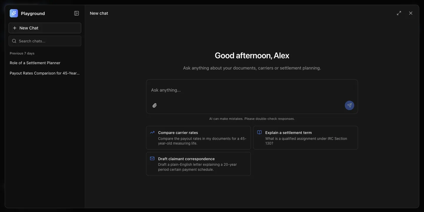 Playground window with a greeting, the message box, suggested prompts, and the chat history