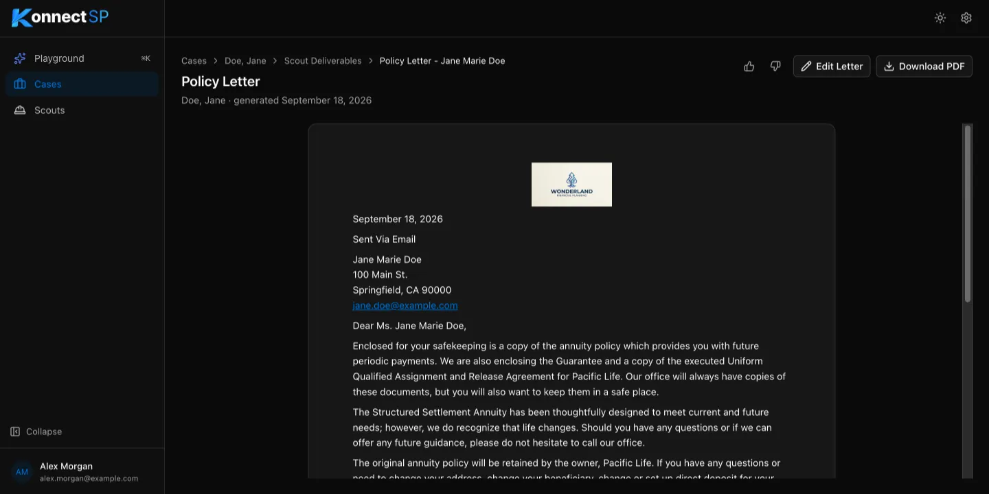 Policy letter preview with Edit Letter and Download PDF buttons