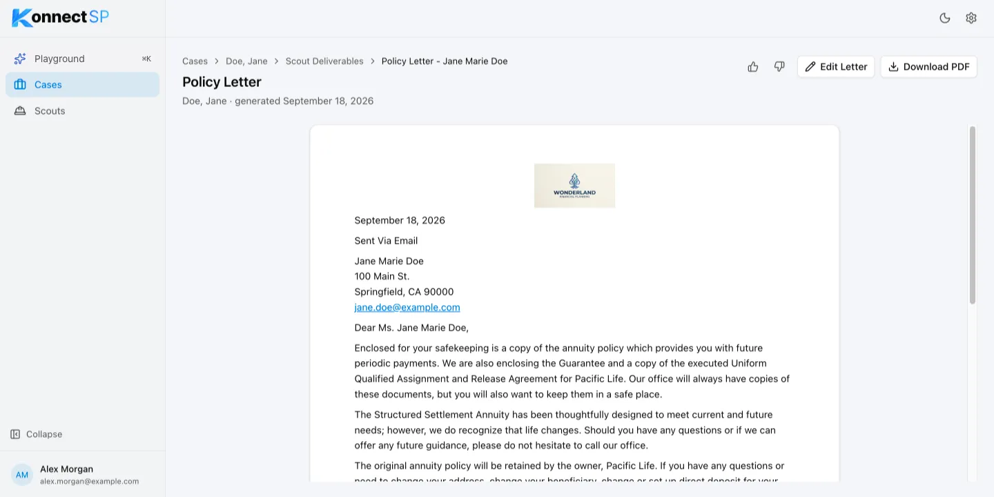 Policy letter preview with Edit Letter and Download PDF buttons