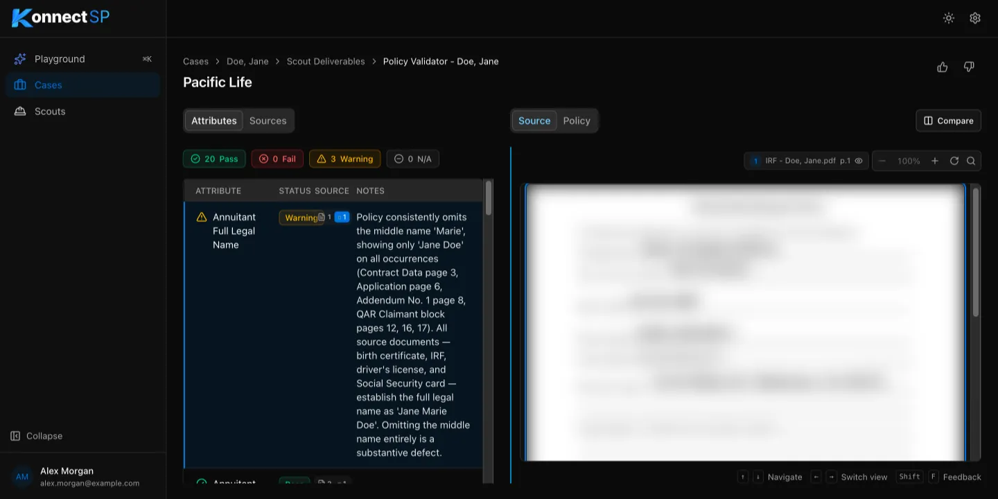 Policy Validator results with pass and warning counts and notes for each attribute