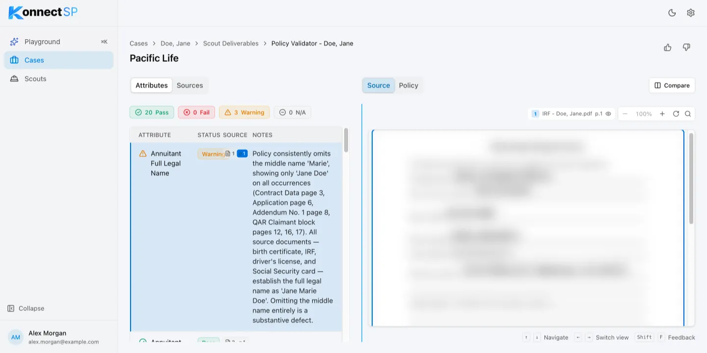 Policy Validator results with pass and warning counts and notes for each attribute