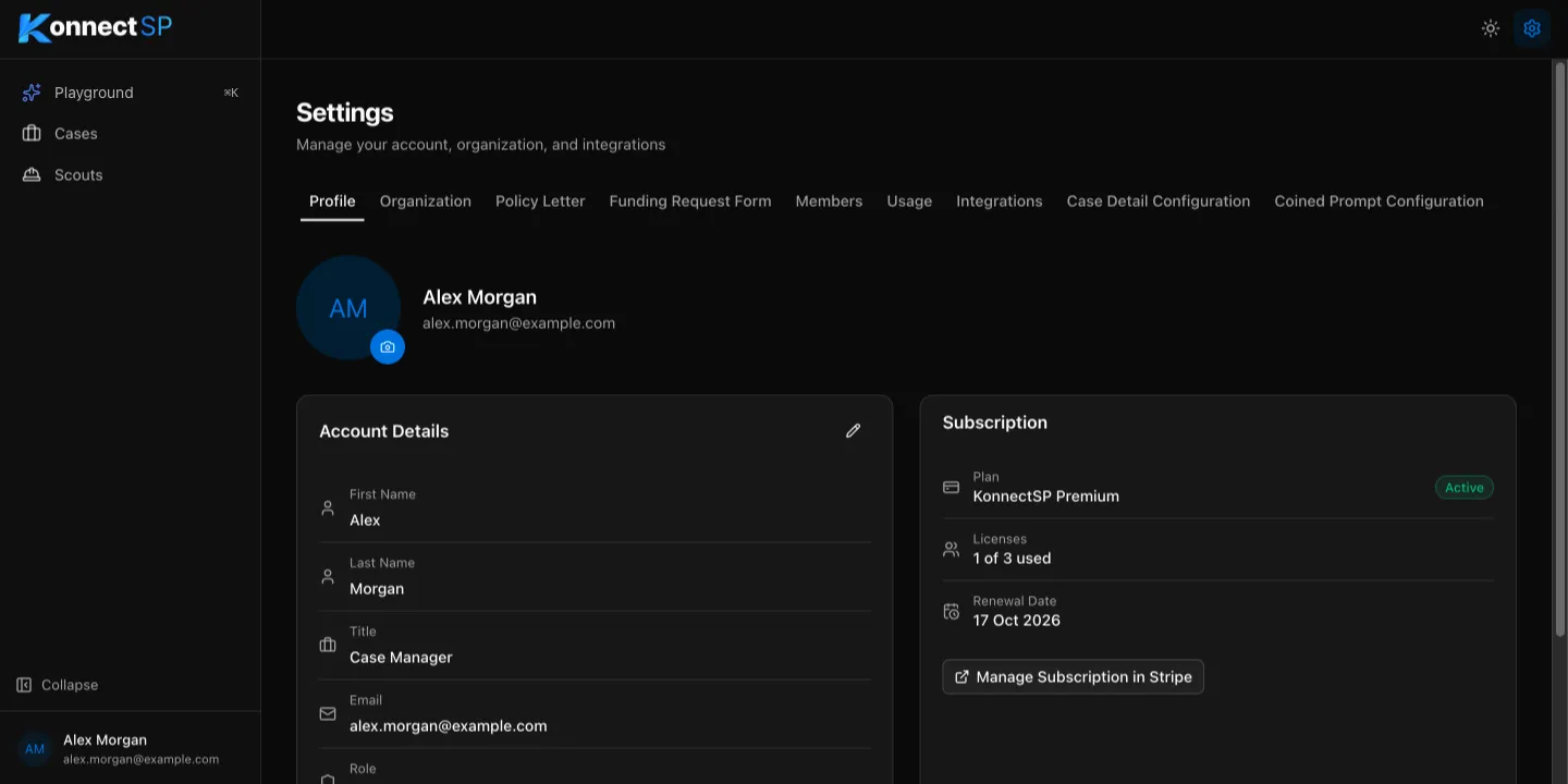 Profile tab with Account Details and Subscription cards