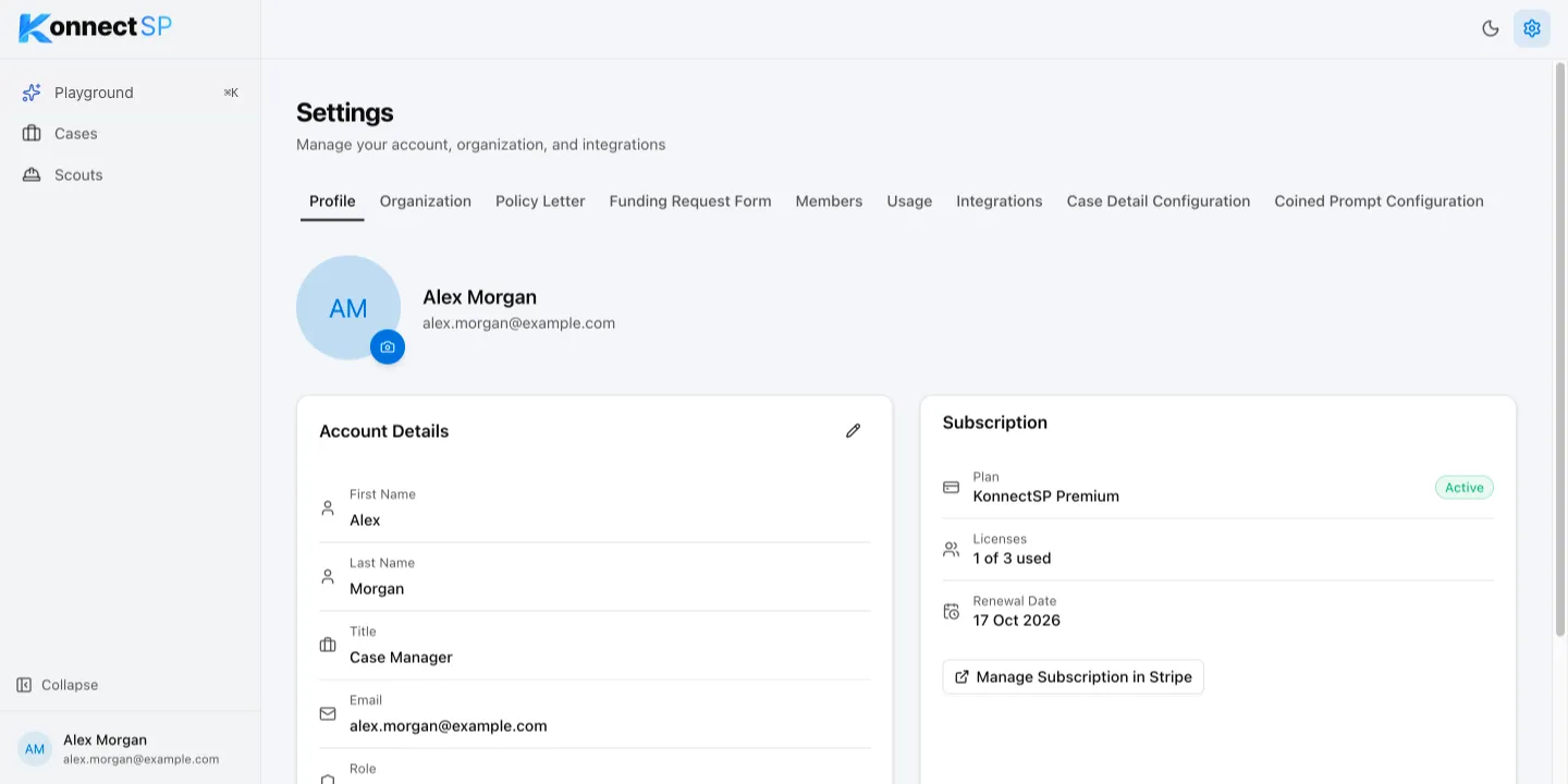 Profile tab with Account Details and Subscription cards