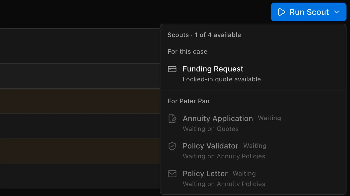 Run Scout menu showing one available scout and three scouts waiting for documents