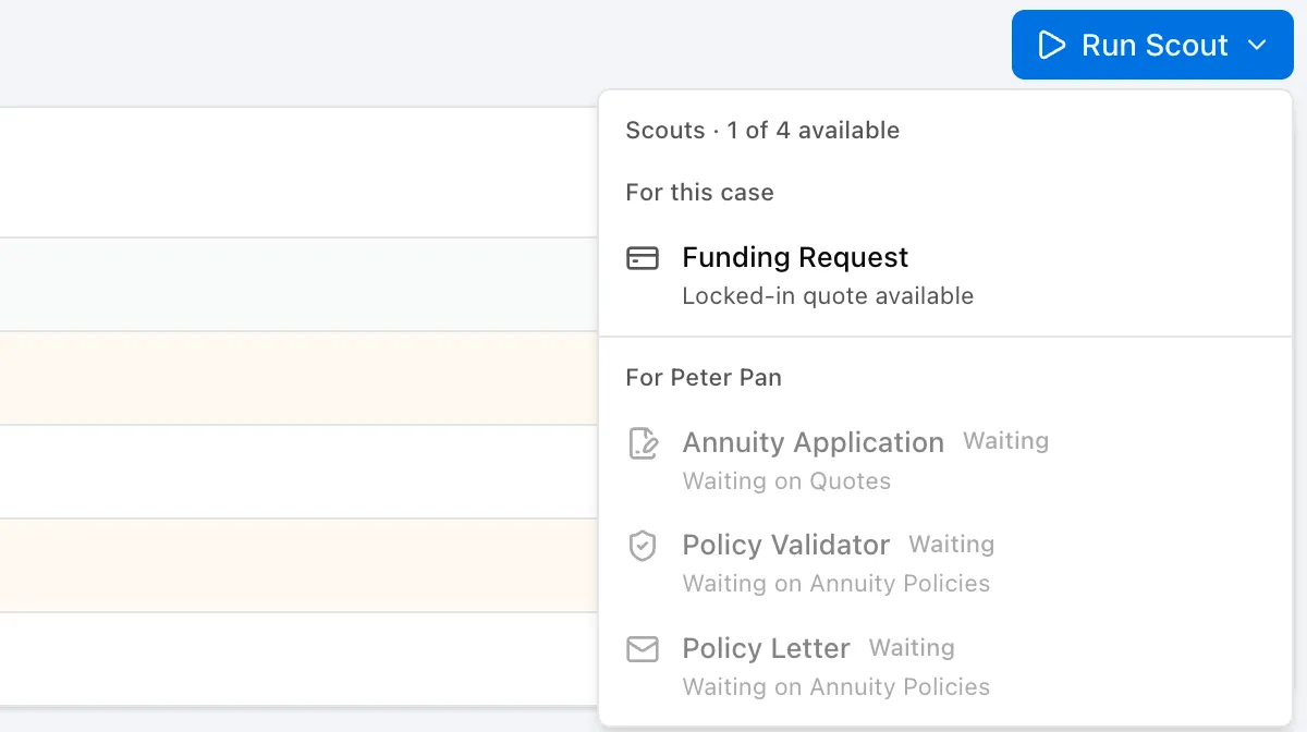 Run Scout menu showing one available scout and three scouts waiting for documents