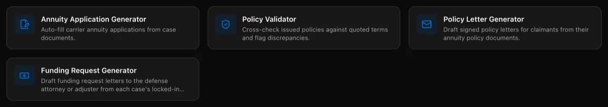 Scouts page with the Annuity Application Generator, Policy Validator, Policy Letter Generator, and Funding Request Generator