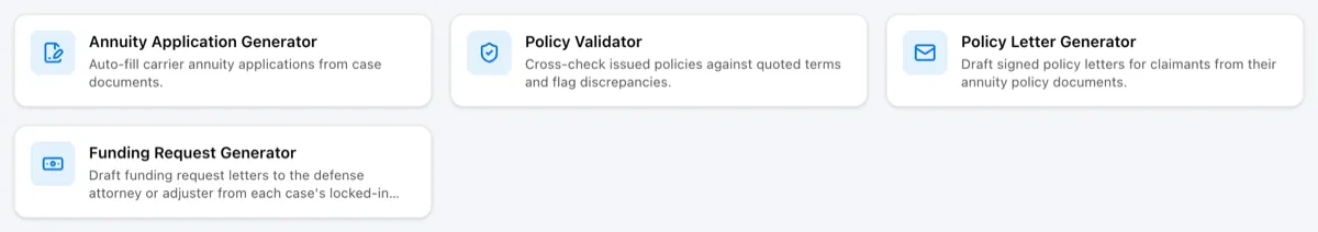 Scouts page with the Annuity Application Generator, Policy Validator, Policy Letter Generator, and Funding Request Generator