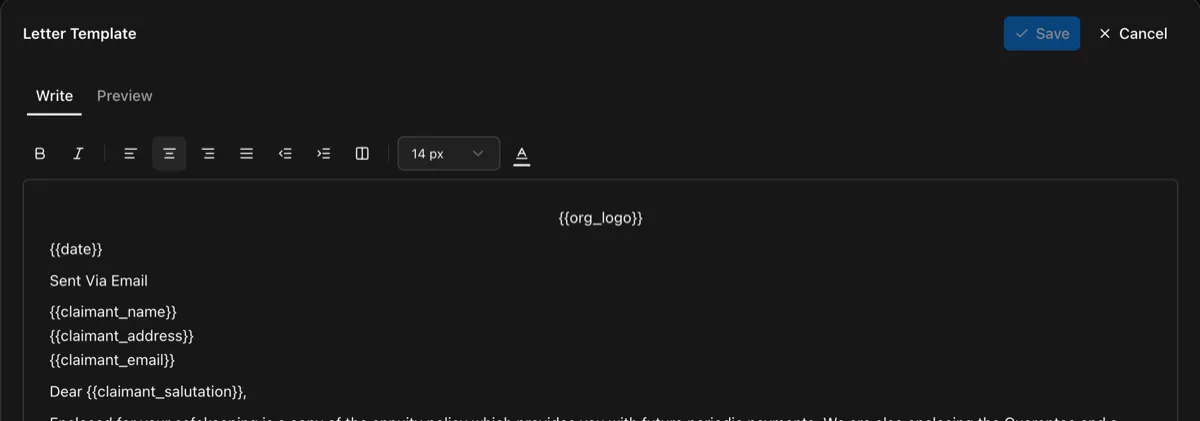 Template editor with the Write and Preview tabs and a formatting toolbar