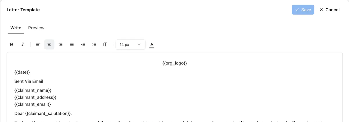 Template editor with the Write and Preview tabs and a formatting toolbar