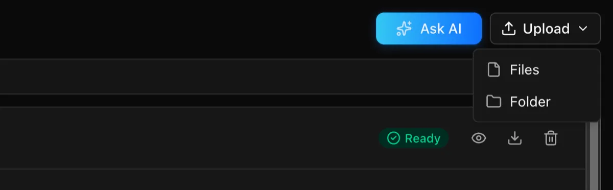 Upload menu with the Files and Folder options