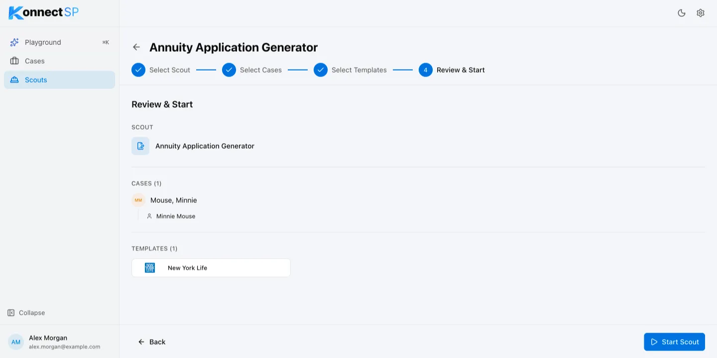 Review & Start step showing the selected scout, case, claimant, and template