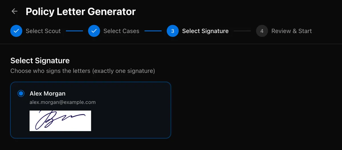 Select Signature step with one member's signature selected