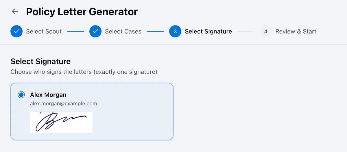 Select Signature step with one member's signature selected